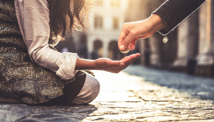 Hand giving money to a beggar. Concept of poverty, brotherhood, generosity and helping others - obrazy, fototapety, plakaty