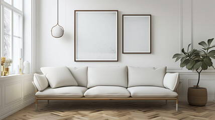A 3D-rendered Scandinavian interior poster mock-up, showcasing a white minimalist living room.