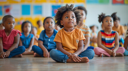 Group of small nursery school children sitting and listening to teacher on floor indoors in...