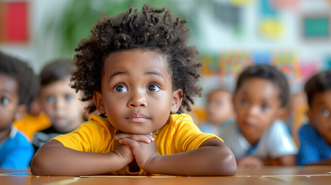 Group of small nursery school children sitting and listening to teacher on floor indoors in classroom.