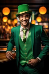 St. Patrick's Day celebration. Man dressed in a bright green suit and a matching green top hat, holding a glass of beer in a pub.