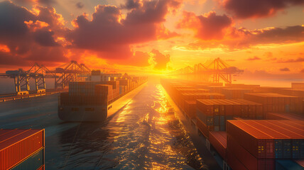 An early morning view of an industrial port, where massive container ships are beginning their day, decked with rows of cargo containers.