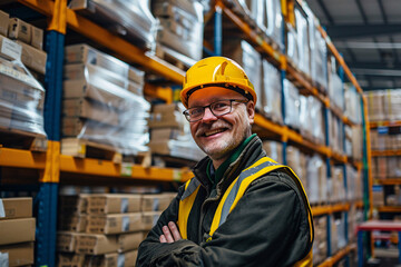 worker in warehouse, Worker Wearing Hard Hat Holding Digital Tablet Computer Walking Through Retail Warehouse full of Shelves with Goods. Working in Logistics and Distribution Center