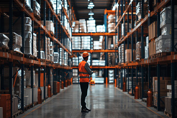 worker in warehouse, Worker Wearing Hard Hat Holding Digital Tablet Computer Walking Through Retail Warehouse full of Shelves with Goods. Working in Logistics and Distribution Center