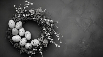 Easter wreath decorated with white dotted eggs on a dark background. Monochromatic color schemes. Black and white. Minimal Easter background. Flat lay