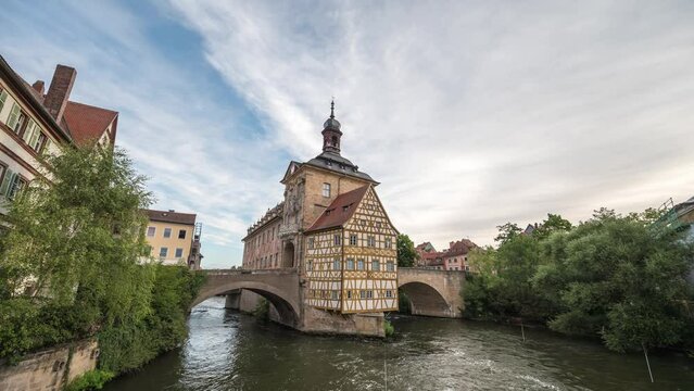 Bamberg Germany time lapse at Altes Rathaus Old Town Hall and Linker Regnitzarm River