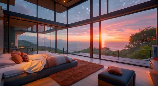 A bed with a view of the sunset through a large window.