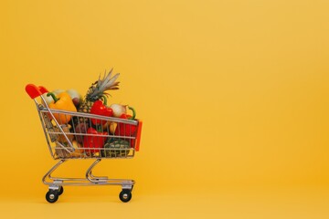 shopping cart with fruits on yellow background copy space 
