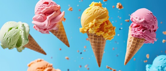 Assorted colorful ice cream cones mid-air with vibrant sprinkles and playful color bursts against a blue sky background