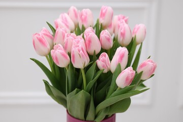 Beautiful bouquet of fresh pink tulips on white background