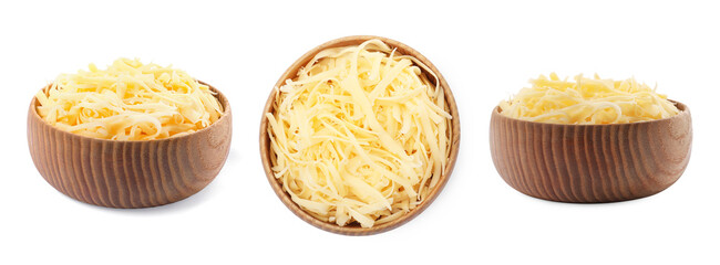 Tasty grated cheese in bowl isolated on white, top and side views