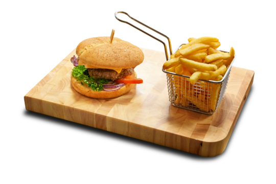 Wooden plank with Burger and french fries  isolated