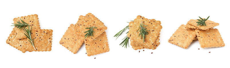 Delicious crackers and rosemary isolated on white, set