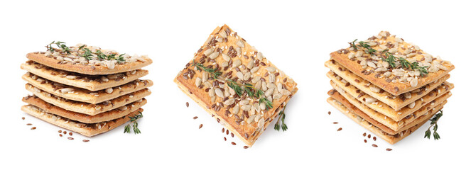 Stacks of delicious crackers and thyme isolated on white, set