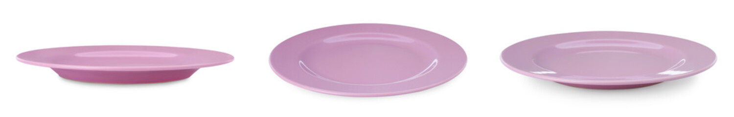 Pink ceramic plate isolated on white, set