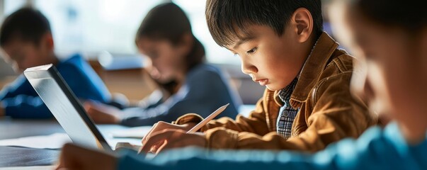 Close up cut shot of concentrated diligent Asian ethnicity elementary schoolboy touching using tablet sitting in classroom with group of schoolchildren. Modern education technologies, Generative AI