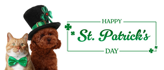 Happy St. Patrick's day card. Cute dog in leprechaun hat and cat with green bow tie on white...