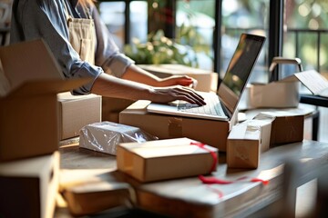 Female online store small business owner entrepreneur seller packing shipping ecommerce box checking website retail order using laptop preparing delivery parcel on table. Dropshipping, Generative AI