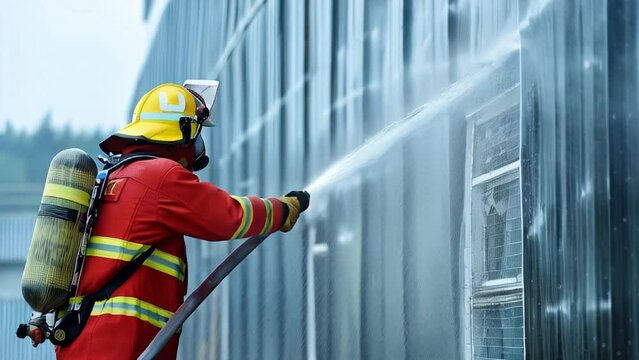 A firefighter spraying water on a building