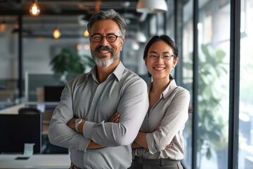 Happy smiling confident professional mature Latin business man and Asian business woman colleagues corporate managers standing in office, two diverse executives team laughing arms crossed,GenerativeAI