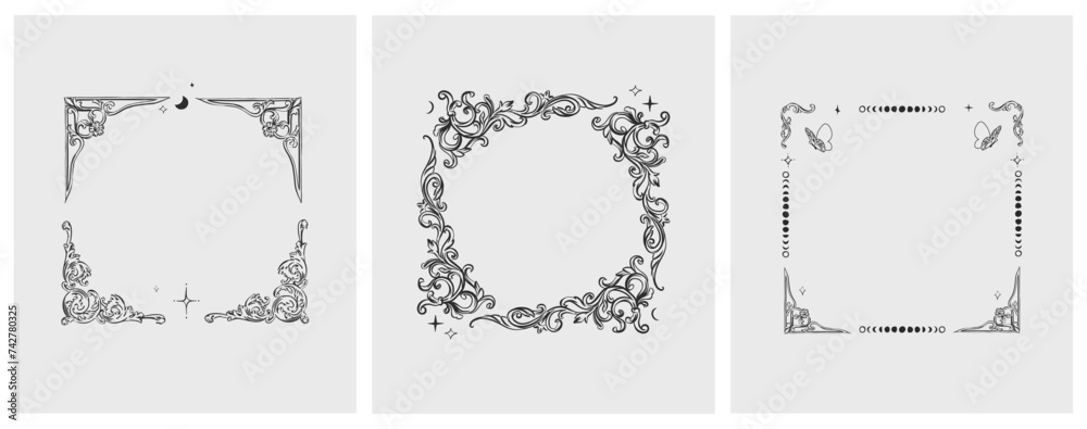 Wall mural Hand drawn vector abstract outline,graphic,line vintage baroque ornament floral frame in calligraphic elegant modern style.Baroque floral vintage outline design concept.Vector antique frame isolated. - Wall murals