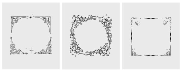 Hand drawn vector abstract outline,graphic,line vintage baroque ornament floral frame in calligraphic elegant modern style.Baroque floral vintage outline design concept.Vector antique frame isolated. - 742780325