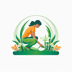Illustration of a woman plants flowers in spring