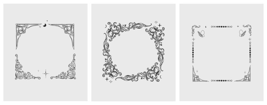 Hand drawn vector abstract outline,graphic,line vintage baroque ornament floral frame in calligraphic elegant modern style.Baroque floral vintage outline design concept.Vector antique frame isolated.