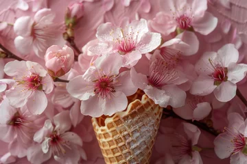 Foto op Plexiglas Waffle cone with apple, cherry or sakura flowers, spring ice cream. Generative AI © masharinkaphotos