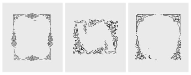 Hand drawn vector abstract outline,graphic,line vintage baroque ornament floral frame in calligraphic elegant modern style.Baroque floral vintage outline design concept.Vector antique frame isolated. - 742780918