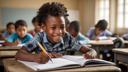 Portrait of smiling African schoolboy sitting at desk in classroom at school