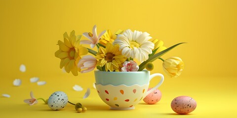 Obraz na płótnie Canvas Easter egg and spring flowers in a cup of tea on a yellow background, creative Easter holiday concept, minimalism for postcard design