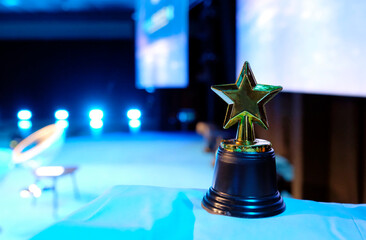 Star-shaped award on a table with spotlights and copy space