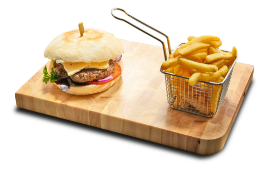 Wooden plank with Burger and french fries  isolated