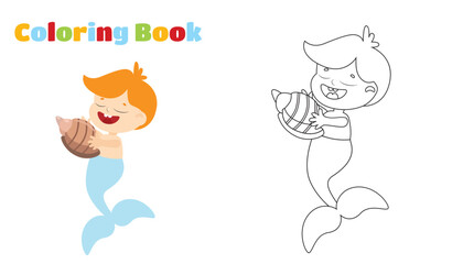 Coloring page. Mermaid boy with seashell in cartoon style isolated on white background.