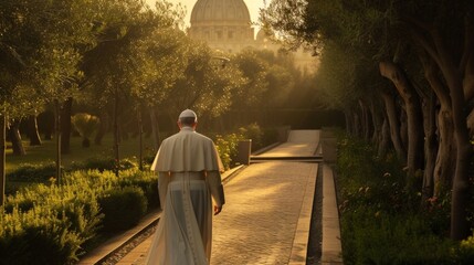 Holy father Pope in garden, back view - obrazy, fototapety, plakaty