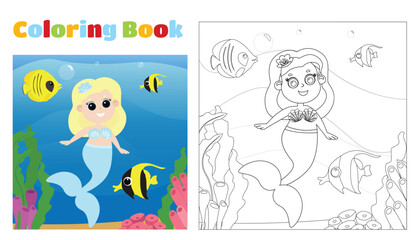 Coloring page. Mermaid with long hair underwater in cartoon style.