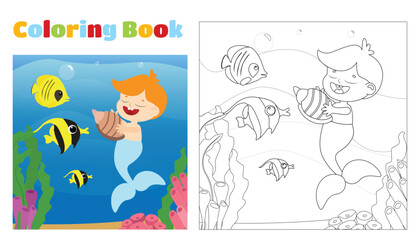 Coloring page. A mermaid boy with a seashell in his hands and fishes under the water in a cartoon style.