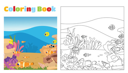 Coloring page. Tropical shore underwater world with tropical fish in cartoon style. On the seabed there are stones, algae, corals and tropical fish.