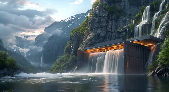 Modern building with natural waterfall and beautiful view