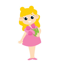 The girl holds flowers in her hands. A child celebrates Easter. Illustration in cartoon style isolated on white background.