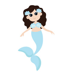 Mermaid with big tail in cartoon style isolated on white background. The girl has fair hair and big eyes.