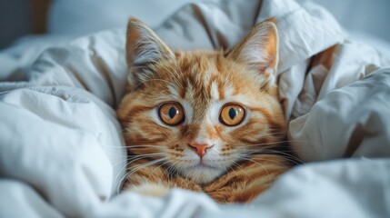 Animal pet photography background - Relaxing sweet cute cat kitten lying on cozy blanket in bed or on the sofa