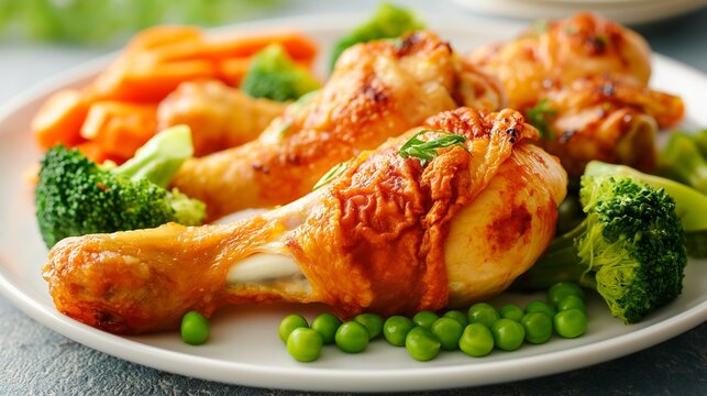Fried chicken legs plated with a colorful array of steamed vegetables, including broccoli, carrots, and peas. 8k