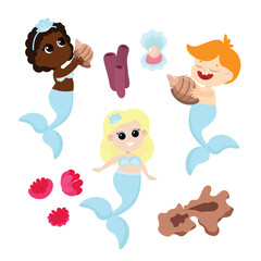 Set of children mermaids and underwater corals and seashell in cartoon style isolated on white background.