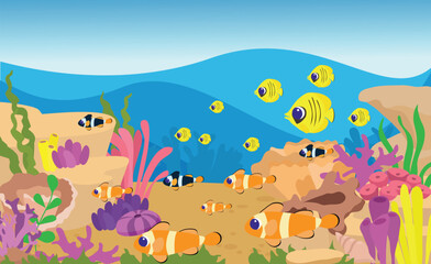 Tropical underwater seabed with sand and underwater world of corals and marine fish and algae cartoon style. Horizontal scene for design.