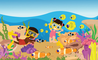 Cute children aqua divers swim underwater near coral reefs. Horizontal underwater world scene with children for design.