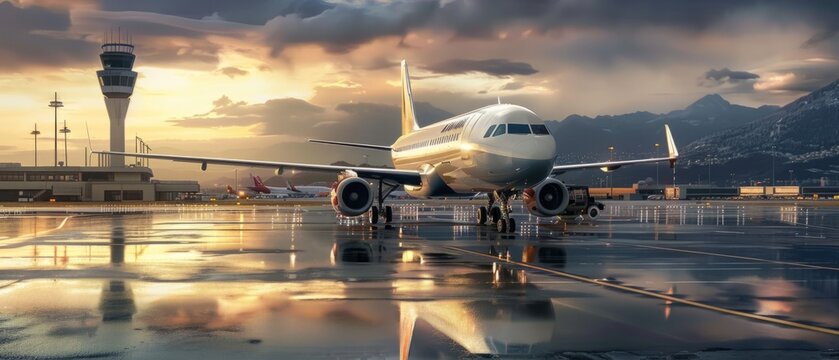 Modern plane standing on airport wet runways with beautiful after storm sky, sunny clouds on background. Air traffic controller place
