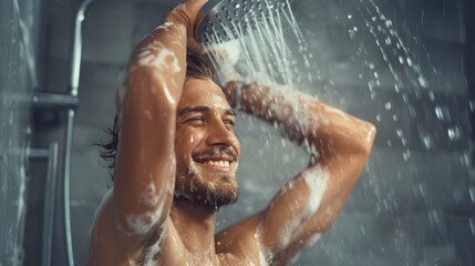 Close-up of a young man taking a shower