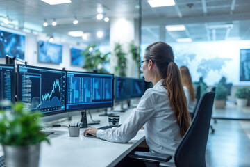 Focused Analyst Monitoring Financial Data on Computer Screens